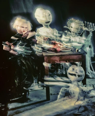 Stylized shot of a fair-skinned woman seated at a table set with food, alongside two ghost-like figures and a smiling pumpkin prop.