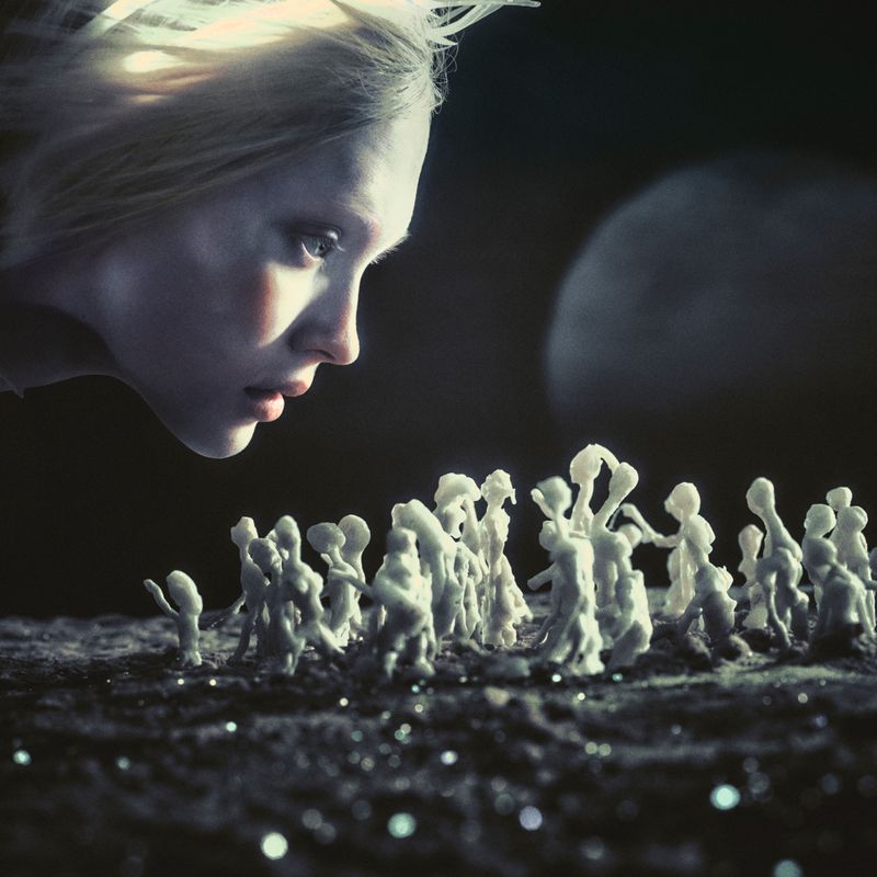 Dramatic image of a woman gazing at a miniature crowd, lit by a mysterious moon. Surreal atmosphere, contrasted by a stark, dark background.