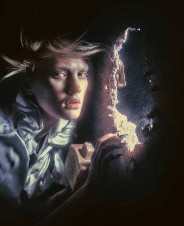 Adult female with painted fingernails holds a textured object. She is lit from the front, and there is a hole in the wall behind her.