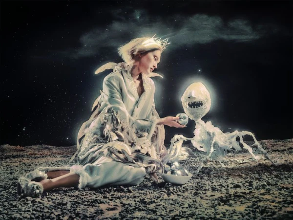 An adult female wearing a crown and a garment with feathers sits facing an odd creature holding an orb in a dark, starry outdoor setting.