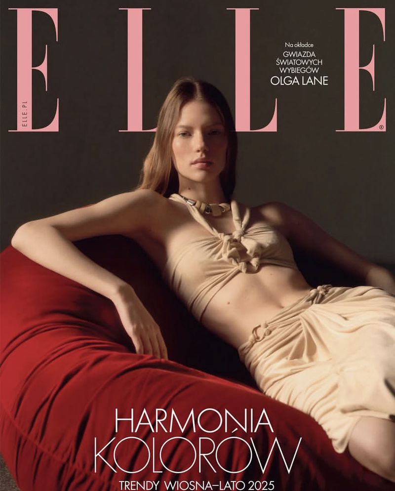 Magazine cover featuring a woman reclining in a tan outfit on a large red cushion, with 'ELLE' and text overlayed on a dark background.