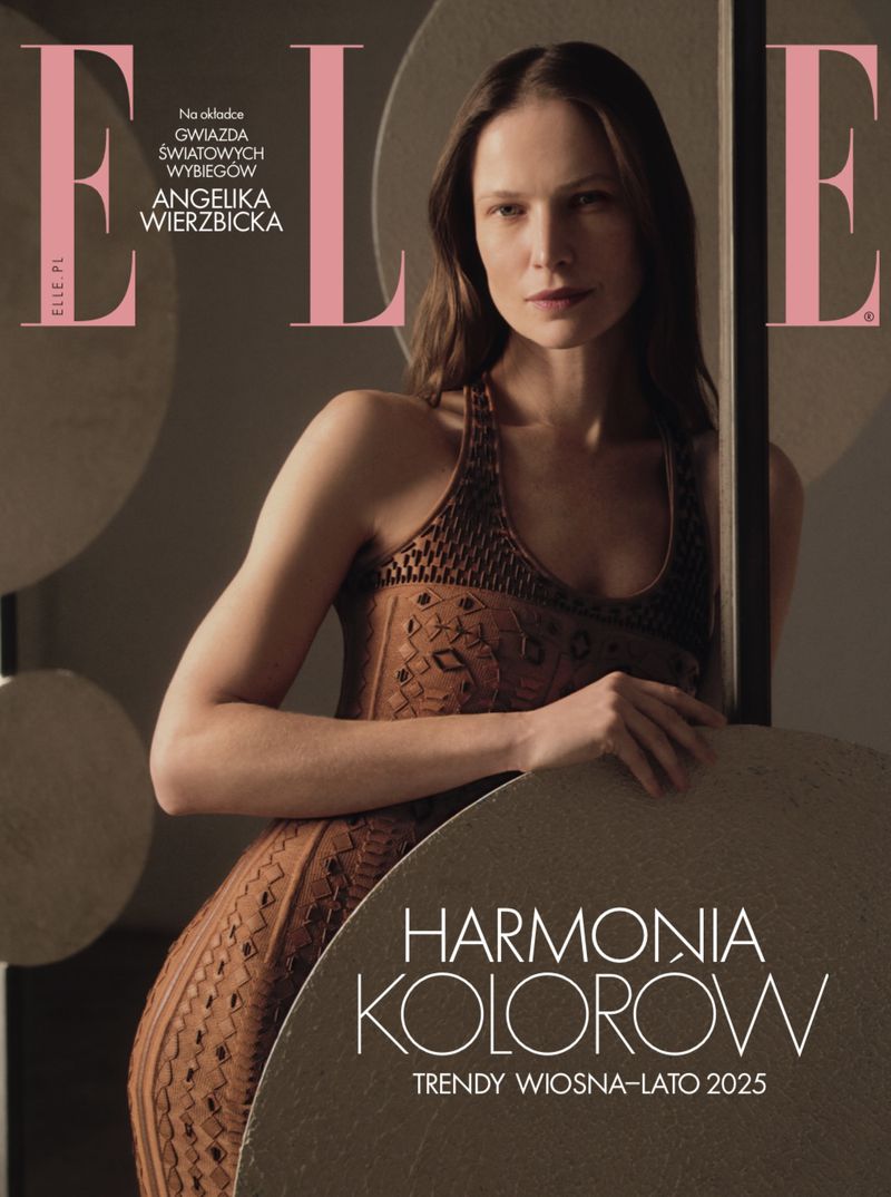 Elle magazine cover featuring model Angelika Wierzbicka in brown patterned dress. Fashion photography, indoor studio setting, neutral tones.