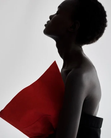 Portrait of a Black woman holding a red pillow, set against a bright studio backdrop in a fashion-forward composition.
