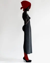 Profile portrait of Black female model wearing a red headscarf, grey dress, red socks, and black heels against a white background.