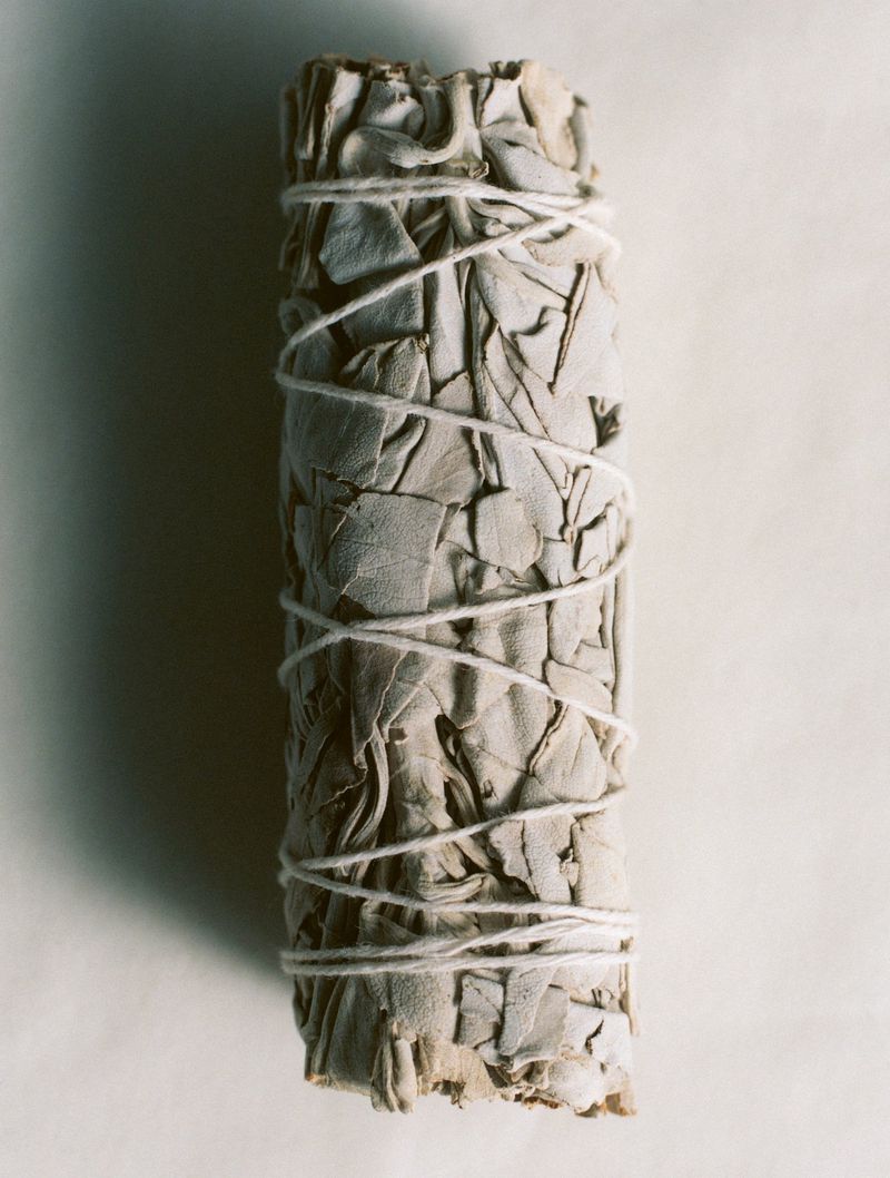 Dried sage bundle with string, presented on a neutral background, capturing its natural texture and holistic wellness appeal.