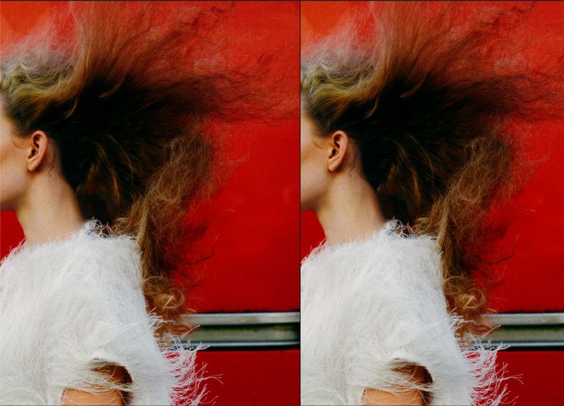 Profile shot of a woman with long hair and a white, fringed top against a red background in a split-screen, fashion photography style.