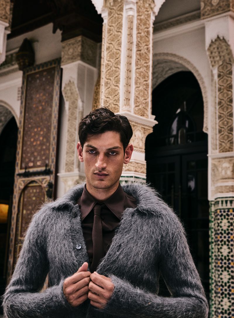 Portrait of a handsome male fashion model in a grey fuzzy cardigan and brown shirt and tie, posing in an ornate building interior.