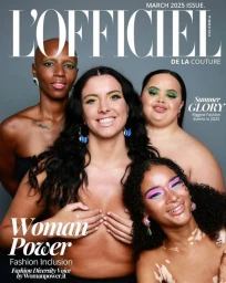 Four diverse female models posing for a magazine cover against a plain grey studio backdrop with colorful makeup styling