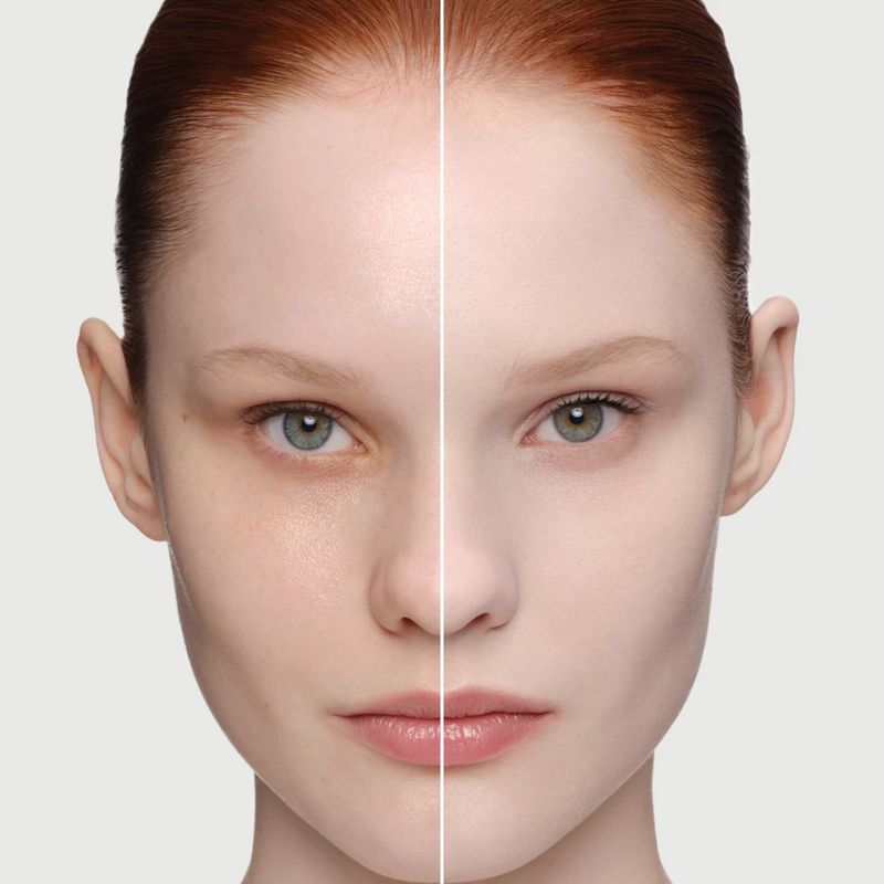 Beauty shot showcasing before-and-after makeup with a fair-skinned model, highlighting complexion correction in a studio setting.