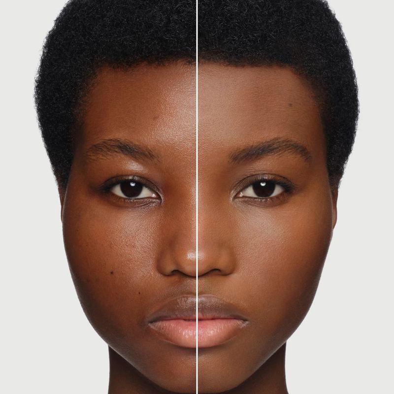 Close-up of an adult female's face before and after makeup application showing the difference in skin tone and texture.