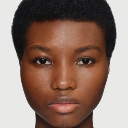 Close-up of an adult female's face before and after makeup application showing the difference in skin tone and texture.