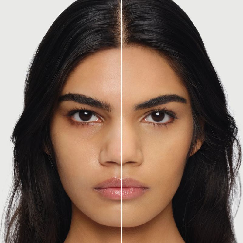 Portrait of a beautiful woman with dark hair and eyes, showcasing before-and-after makeup application with smooth, flawless skin.