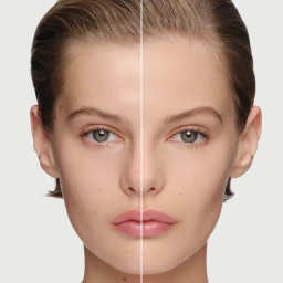 Split-screen beauty portrait of a woman showing bare skin on the left and matte foundation finish on the right against a grey backdrop.