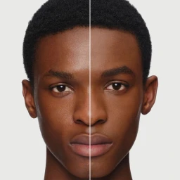 Split-screen close-up of a Black man demonstrating before and after matte foundation application against a light grey background.