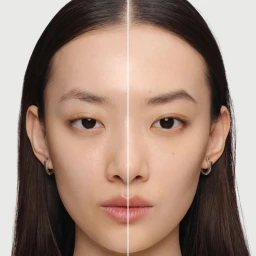 Close-up split portrait of an East Asian woman showing before and after foundation application against a plain grey backdrop.