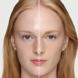 Split close-up portrait of a woman's face showing bare skin on the left and matte foundation coverage on the right.