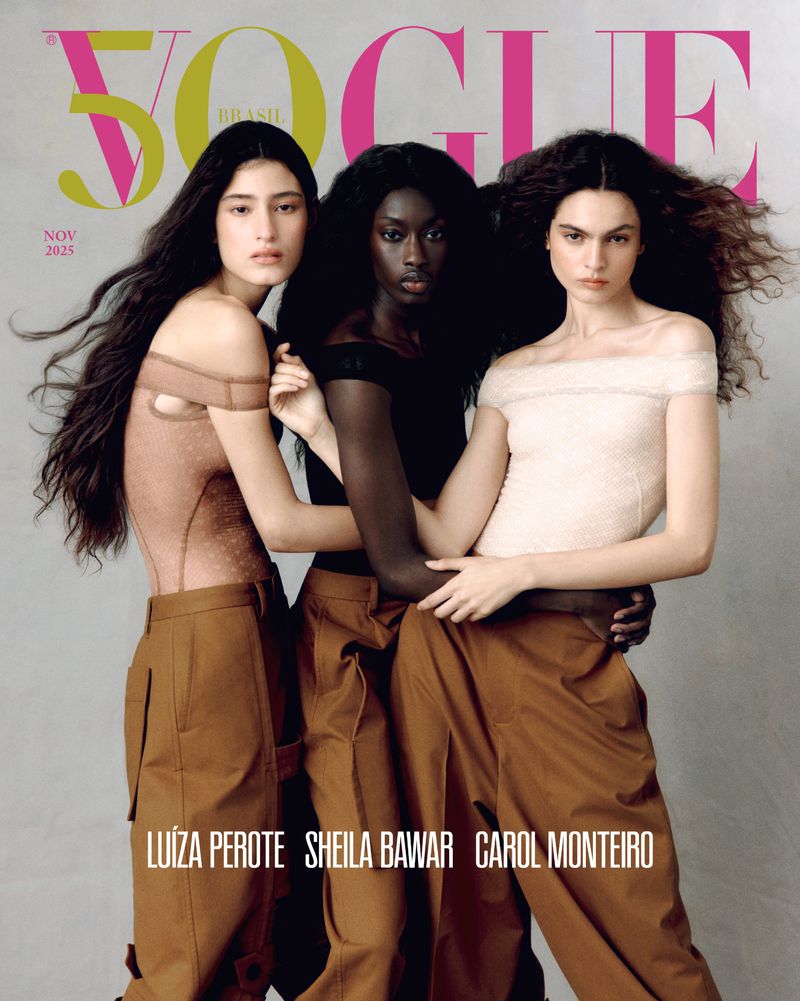 Vogue Brasil cover featuring three female models of diverse ethnicities in stylish brown outfits against a muted background with bold typography.