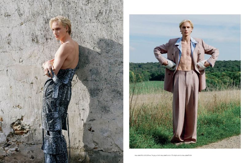 Fashion editorial featuring a blond male model in a textured garment against a concrete wall and a pantsuit in a rural setting.