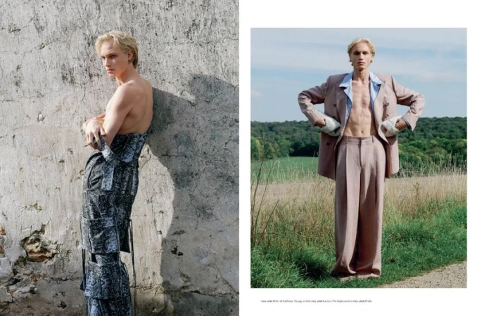 Fashion editorial featuring a blond male model in a textured garment against a concrete wall and a pantsuit in a rural setting.