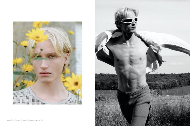Fashion shot of a blonde male model outdoors in a field, wearing sunglasses and an open shirt, contrasted with a portrait of a male with yellow flowers.