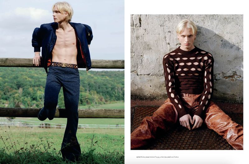 Fashion editorial shot of a fair-skinned male model with blond hair posing outdoors in a field and against a wall wearing designer clothing.