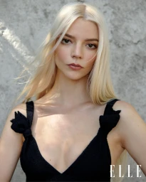 Close-up portrait of Anya Taylor-Joy with long blonde hair and dark top against a textured stone wall background