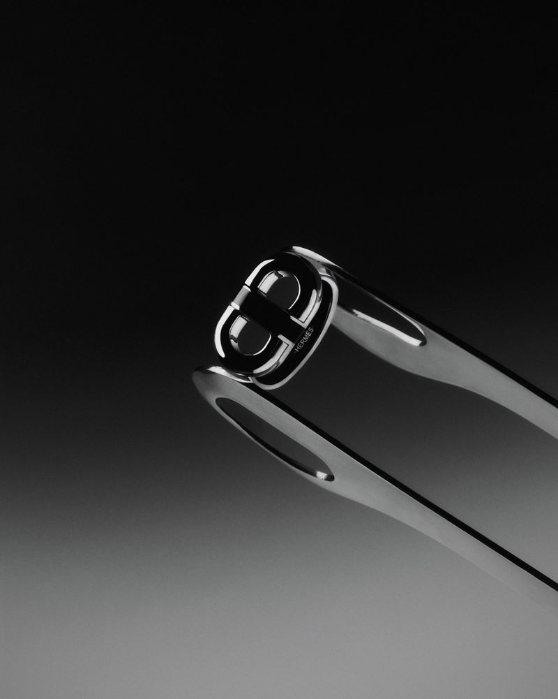 Close-up studio shot of chrome-toned nail clippers featuring logo detail, set against a gradient background in black and gray.