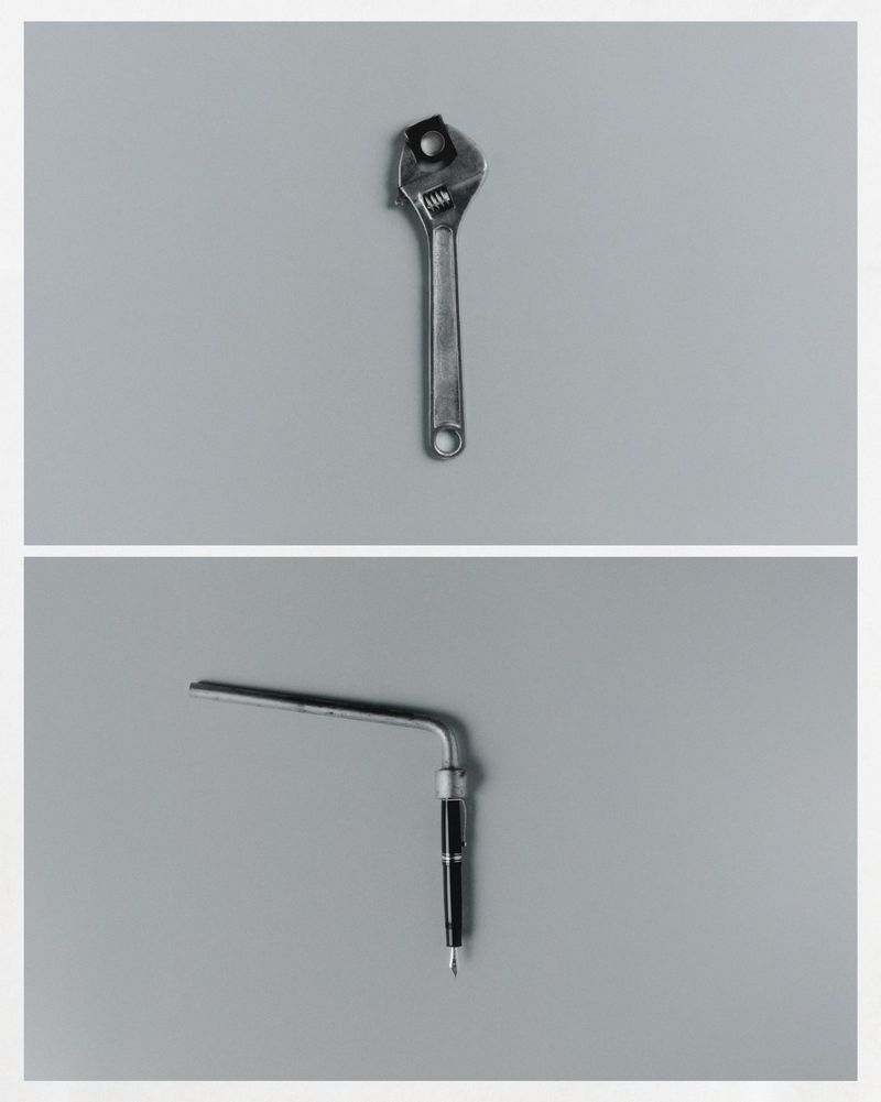 A diptych presents a monkey wrench atop a pen-modified angle wrench, both isolated against a muted gray background with even lighting.