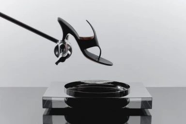 A black stiletto thong sandal suspended by a metallic studio clamp above a reflective circular tray against a pale gradient backdrop.