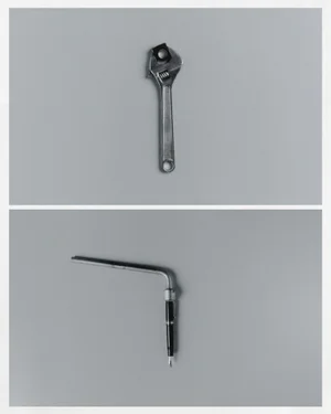Diptych still life featuring an adjustable wrench holding a dark ring above a bent metal pen assembly on a plain grey surface.