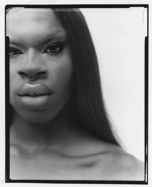 Striking black and white portrait of a person with long dark hair, dramatic eye makeup, and a piercing in the lower lip against a white background.