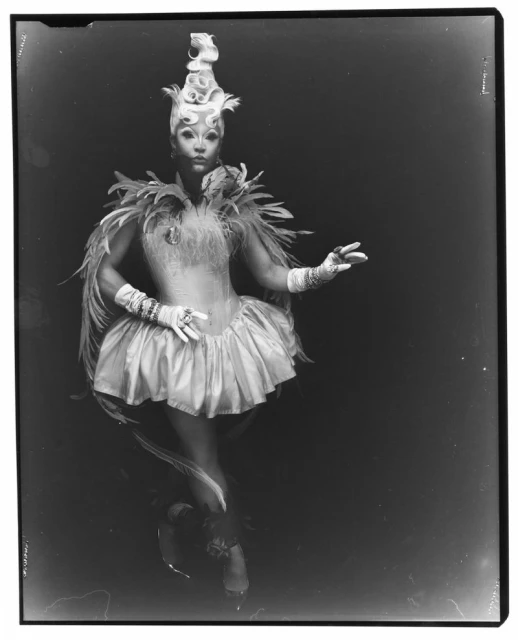Monochrome studio shot of a performing adult female in costume with feathered collar and headpiece, striking a pose against a dark backdrop.