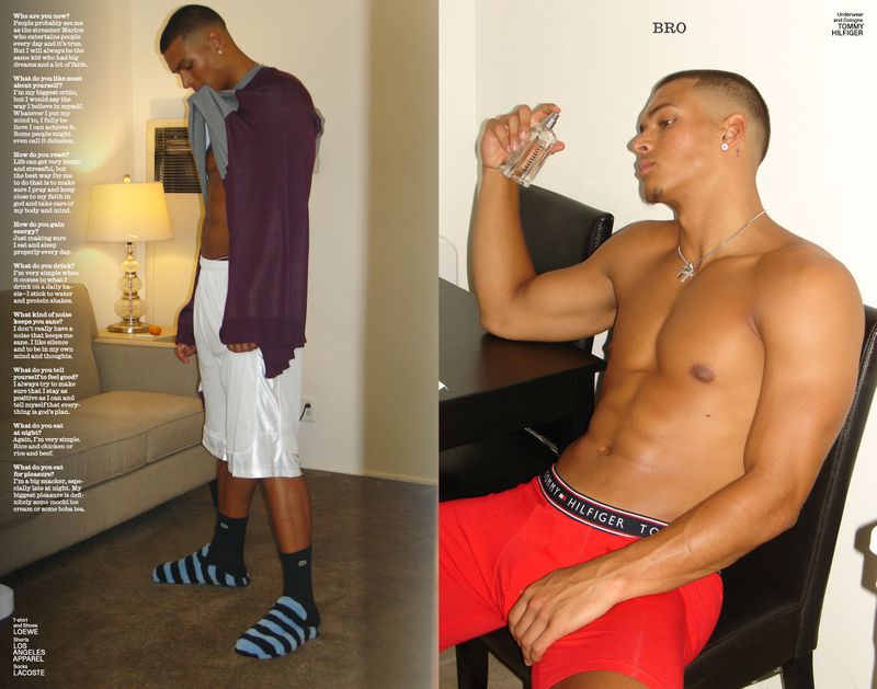 Dual image of a shirtless adult male in underwear, one holding fragrance, the other wearing socks, shorts, and a sweater.