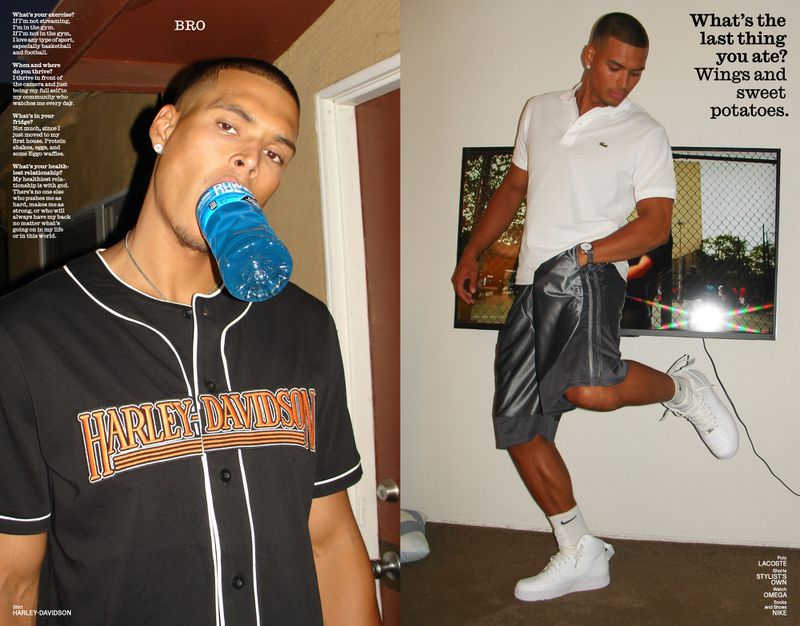 Two images of a young adult male posing indoors in fashion shots, one holding a blue drink and the other on one foot.