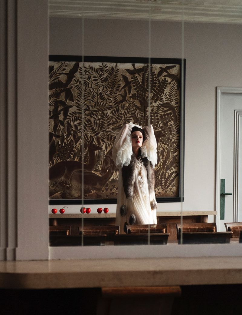A model in an ornate gown poses inside, framed by a window and interior decor, creating a visually rich and textured scene.
