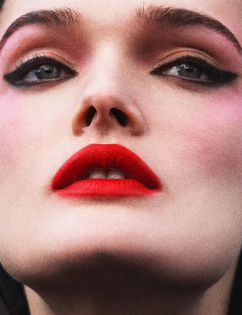 Extreme close-up beauty portrait of model Lulu Tenney featuring bold red lipstick, winged black eyeliner, and soft pink eyeshadow.