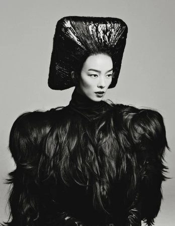 Model Fei Fei Sun wearing an avant-garde black sculpted square headdress and voluminous textured cape against a neutral studio backdrop.
