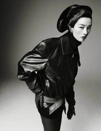 FeiFei Sun wears an oversized black leather jacket with a sculptural updo hairstyle in a high-contrast black and white fashion portrait.