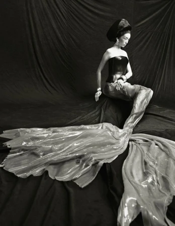 Model FeiFei Sun seated in a strapless corset and flowing translucent mermaid tail gown against a dark draped backdrop.