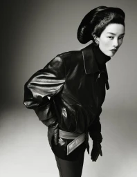 FeiFei Sun wears an oversized black leather jacket with a sculptural updo hairstyle in a high-contrast black and white fashion portrait.