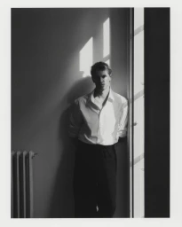 Monochrome portrait of a man in a white button-down shirt and dark trousers leaning against a sunlit window frame.
