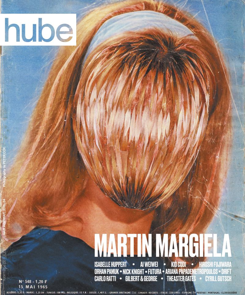 Magazine cover featuring a faceless woman with blonde hair and a blue headband, with text 'Martin Margiela' and other names.