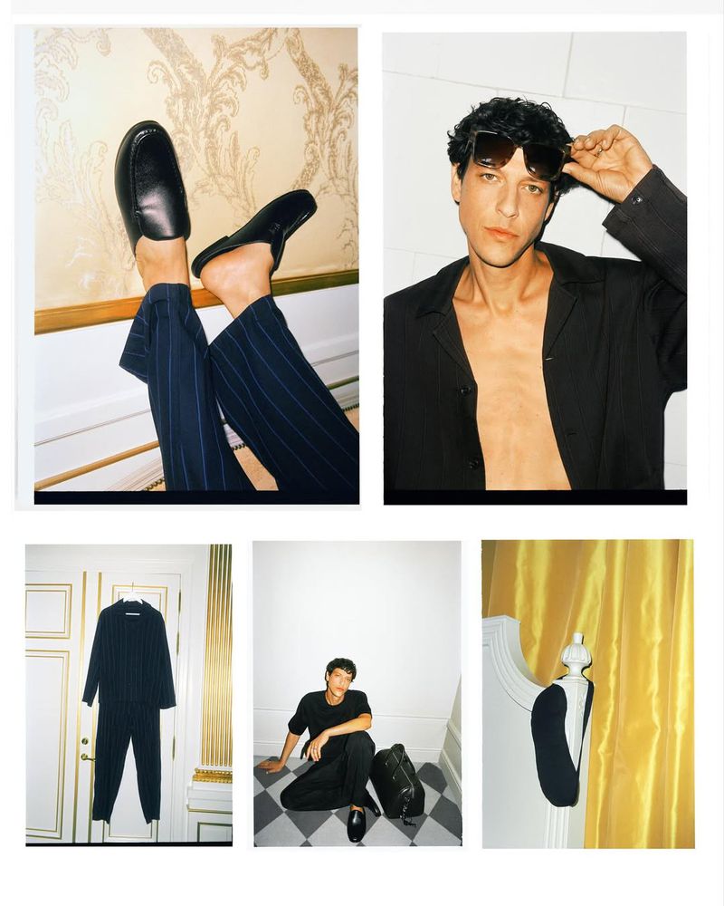Collage showcasing a man in various poses and fashion apparel, including loafers and a black suit, against different indoor backdrops.
