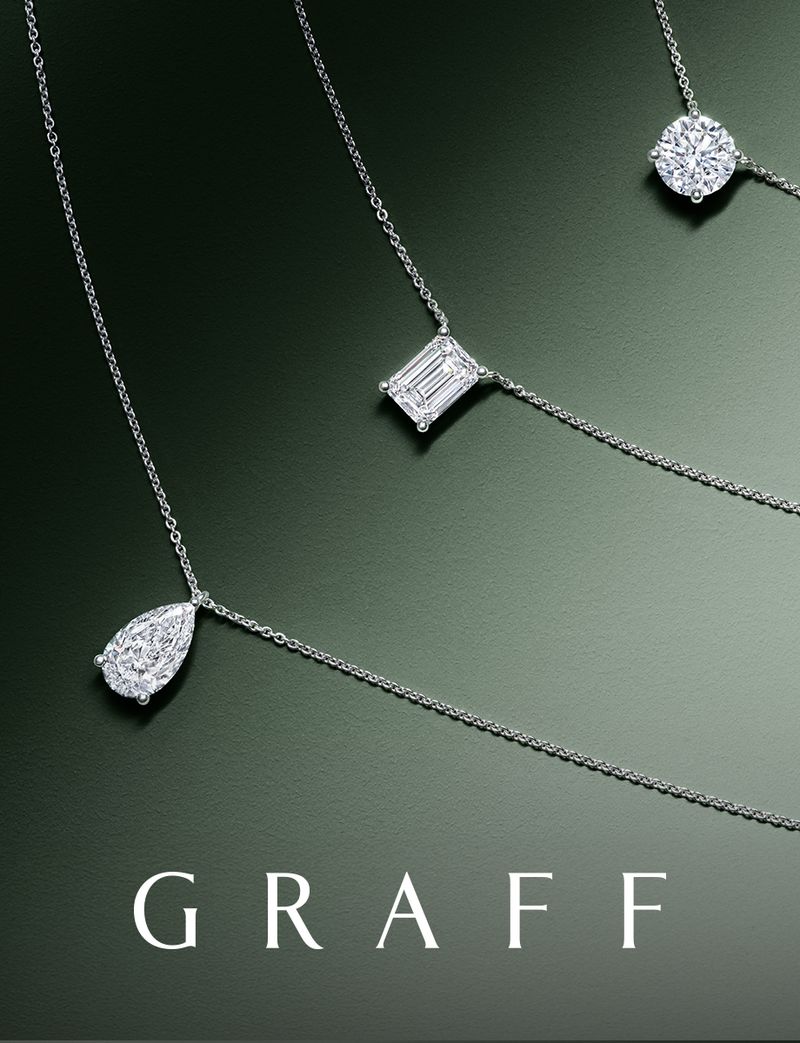 Three diamond pendants on silver chains displayed against a muted green backdrop, featuring a teardrop, square, and circular cut.