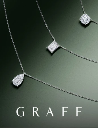 Three diamond pendants on silver chains displayed against a muted green backdrop, featuring a teardrop, square, and circular cut.