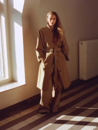 Model standing in a belted beige trench coat and wide trousers in a sunlit hallway with striped tile flooring.