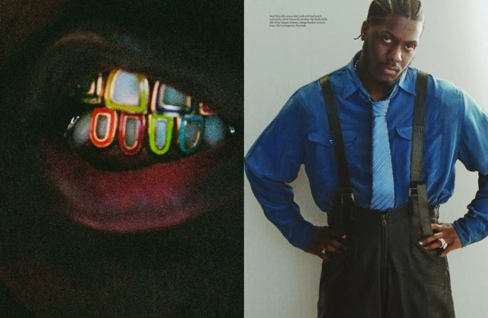 Close-up of colorful grill on teeth, juxtaposed with a stylish man in a blue shirt, tie, and leather pants against a white wall.
