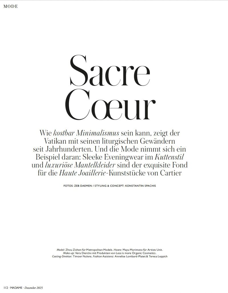 Fashion editorial featuring the magazine cover of Madame, displaying the words 'Sacre Coeur' in bold, elegant typography.