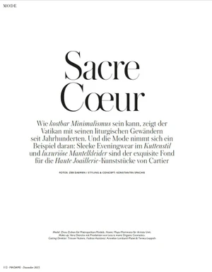 Editorial magazine title page featuring bold serif typography reading Sacre Coeur with accompanying German fashion text on a white background.