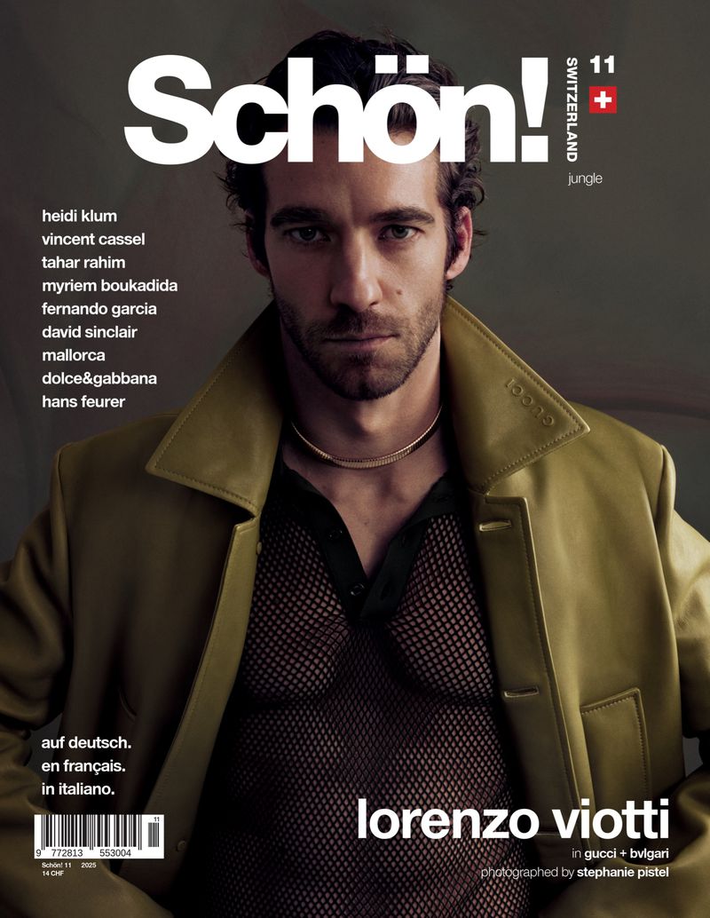 Schön! magazine cover featuring Lorenzo Viotti in Gucci and Bvlgari. The portrait showcases the model's dark hair, light skin, and olive-green jacket.